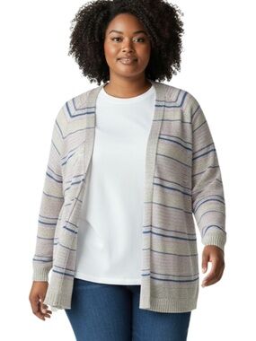 Boutique Plus Open-Front Striped Cardigan in Light Gray and Blue